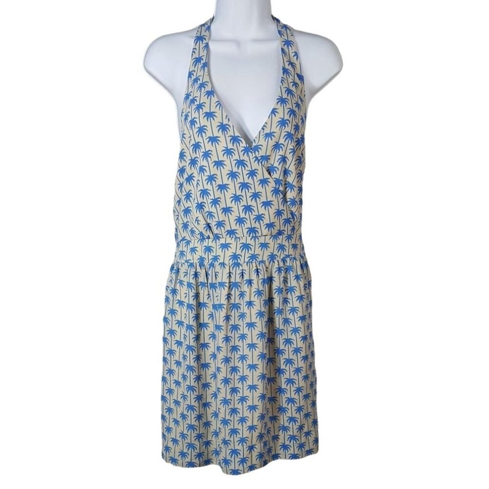 JustFab Halter Dress Tan Blue Large Palm Tree Sleeveless Surplice V Neck NWT